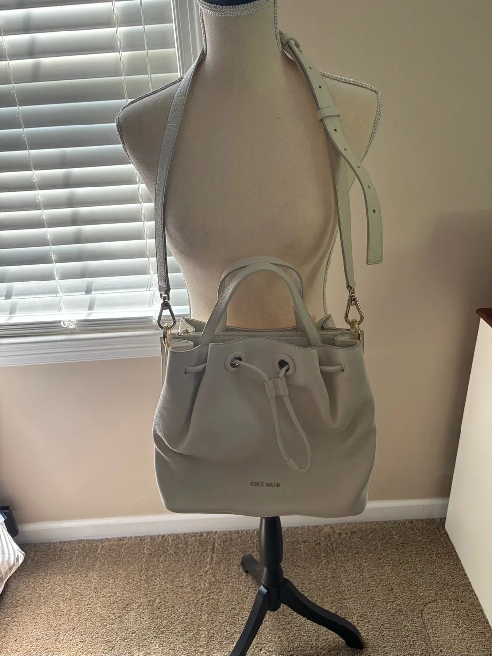 Cole Haan Ivory Pebble Leather Drawstring Tote